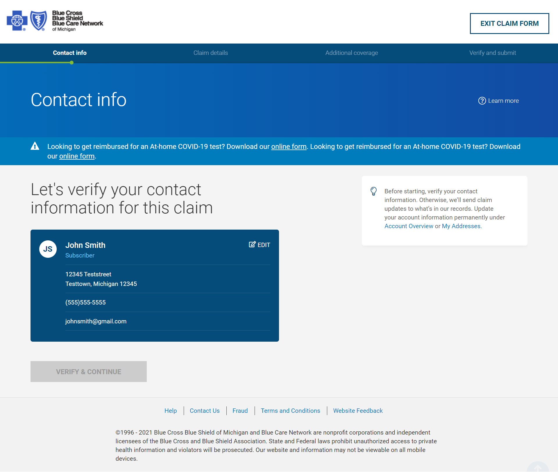 Claims UI - Contact info