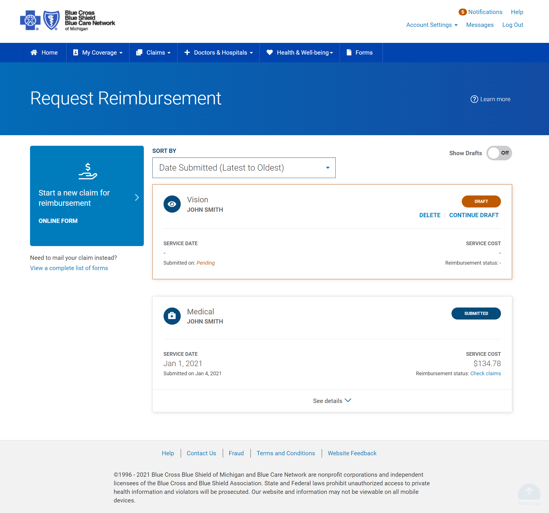 Claims UI - Reimbursement landing